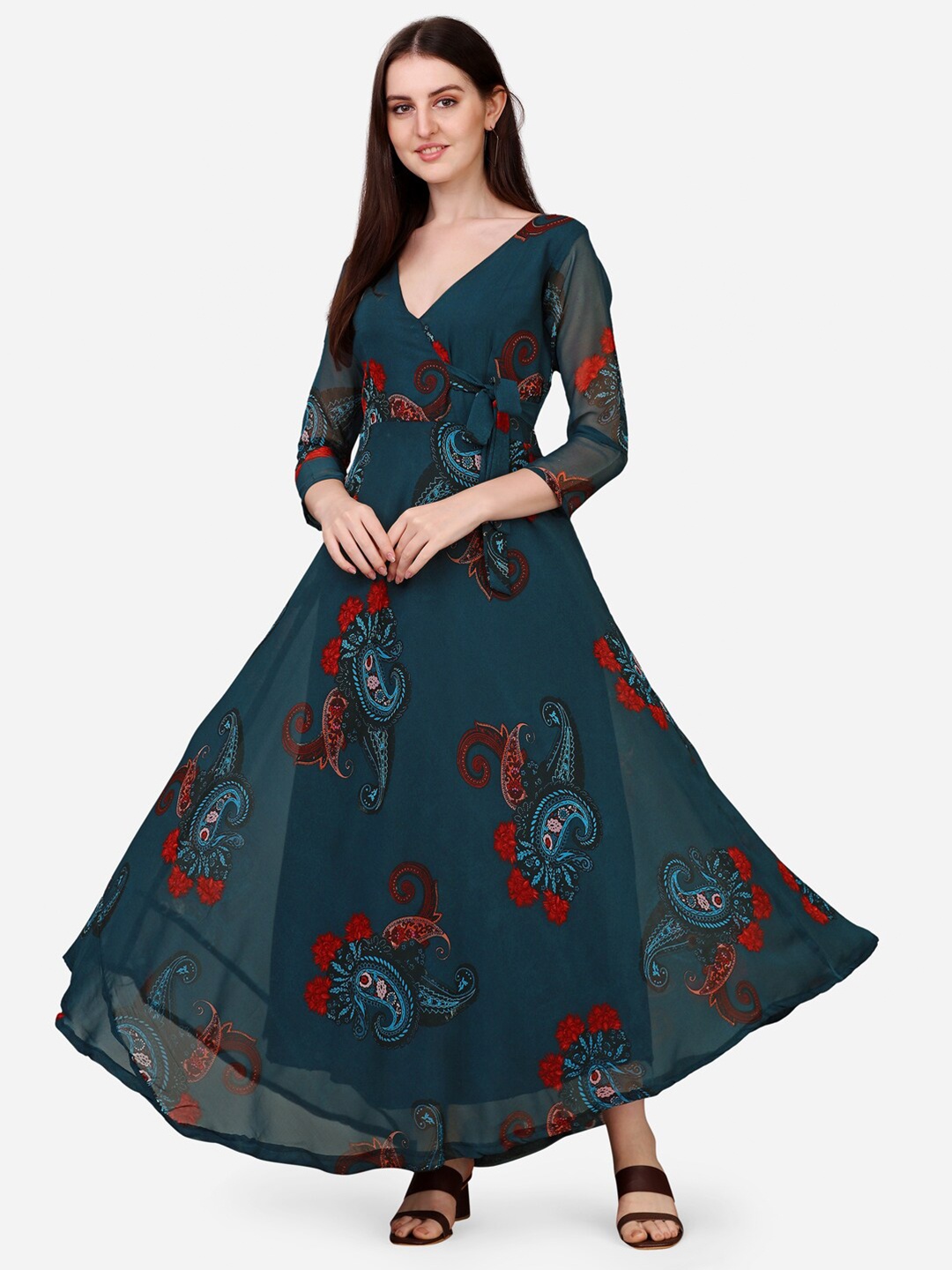 

Fashion2wear Floral Printed V-Neck Fit & Flare Maxi Dress, Teal