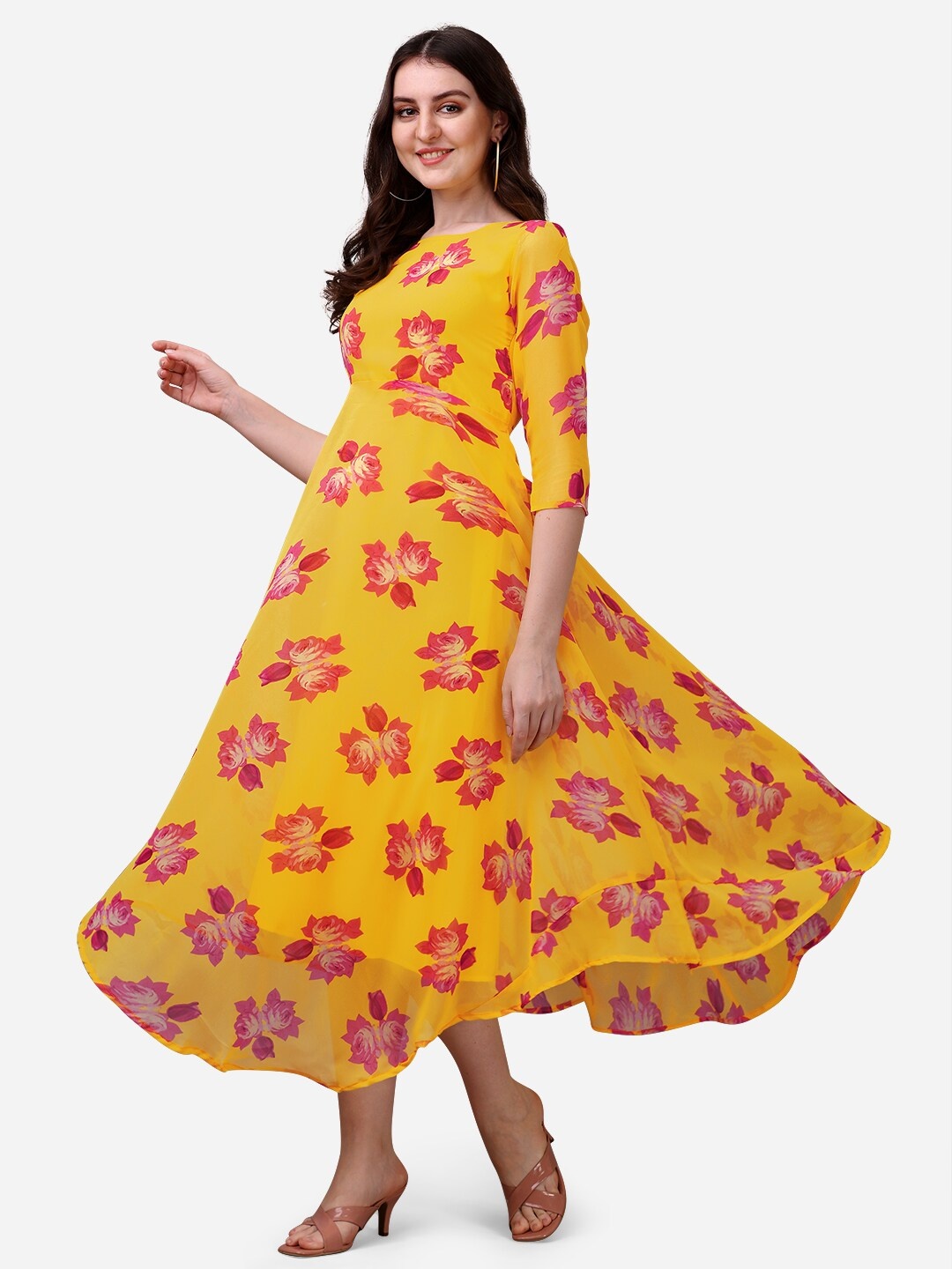 Fashion2wear Floral Printed A-Line Midi Dress, Yellow