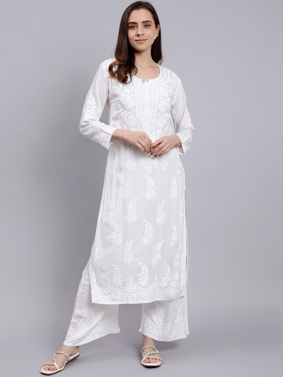 

Seva Chikan Floral Embroidered Lucknowi Chikankari Straight Kurta with Palazzo, White