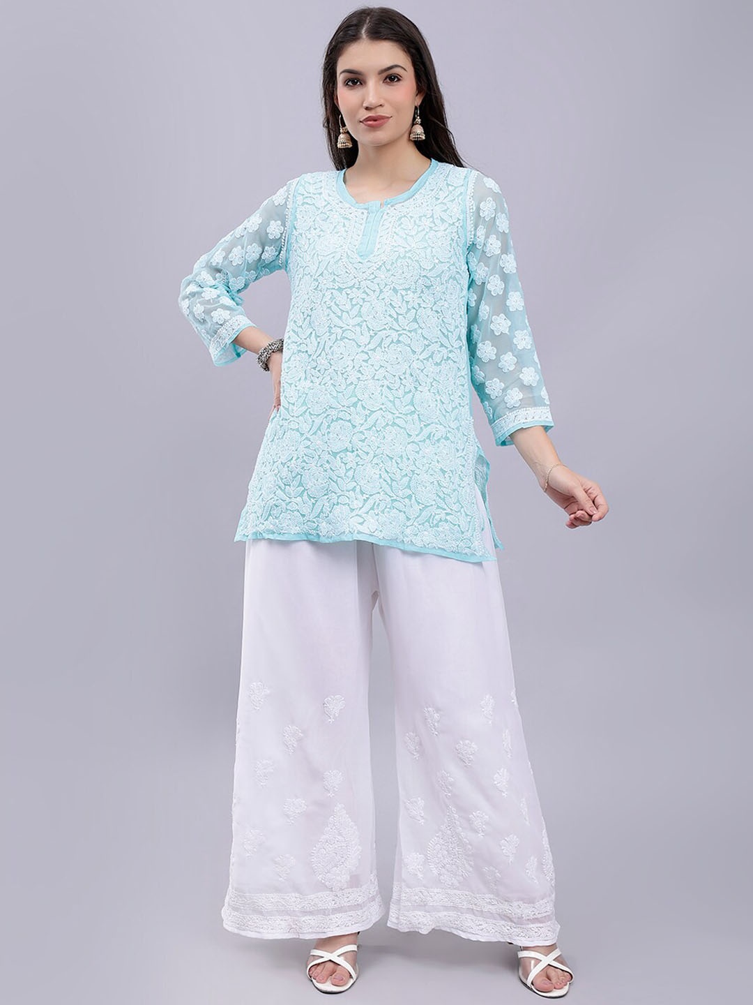 

Seva Chikan Ethnic Motifs Embroidered Lucknowi Chikankari Georgette Kurta Set With Slip, Sea green