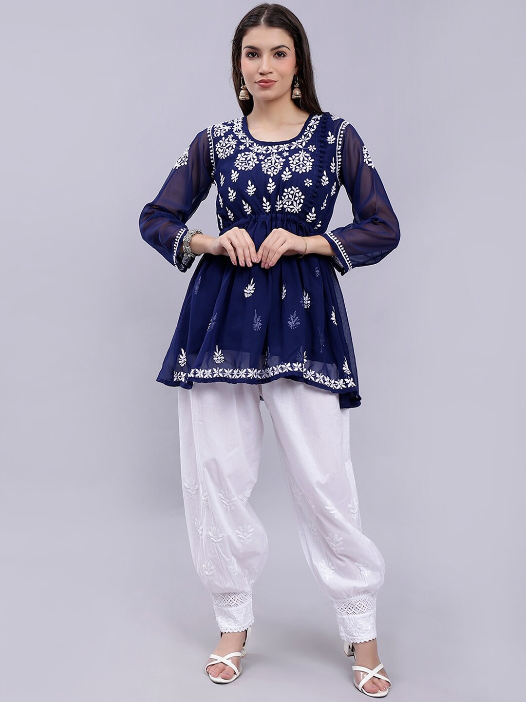 

Seva Chikan Floral Embroidered Empire Lucknowi Chikankari Kurti With Salwar & Slip, Navy blue