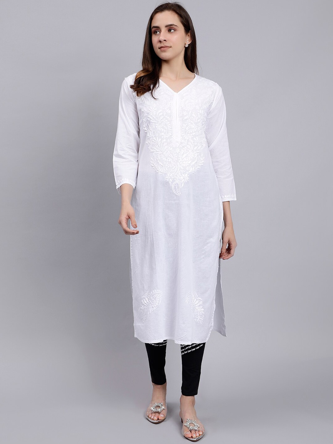 

Seva Chikan Ethnic Motifs Embroidered Lucknowi Chikankari Straight Kurta With Trouser, White