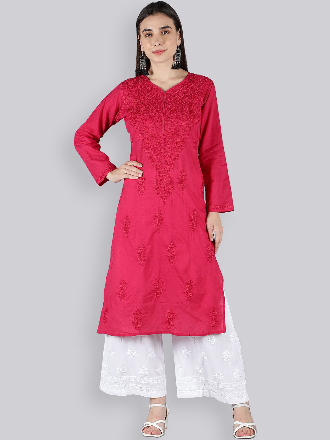

Seva Chikan Ethnic Motifs Embroidered Chikankari Kurta With Palazzo, Magenta