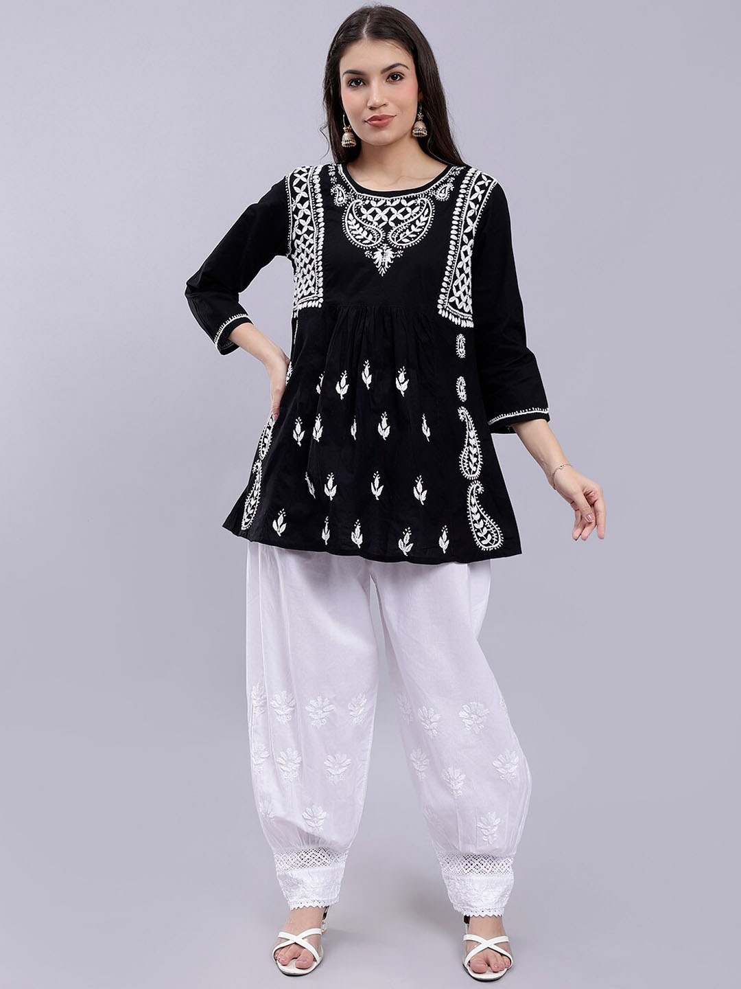 

Seva Chikan Ethnic Motifs Embroidered Lucknowi Chikankari A-Line Kurti with Salwar, Black