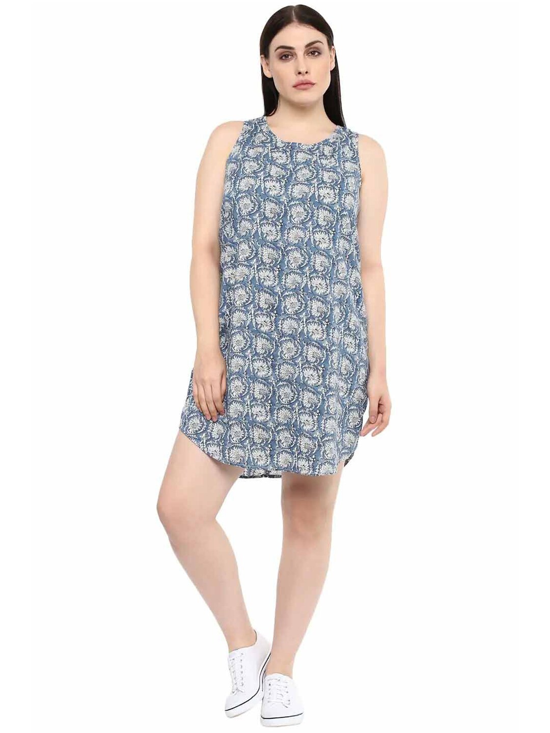 

LastInch Floral Printed Sleeveless Cotton A-Line Dress, Blue