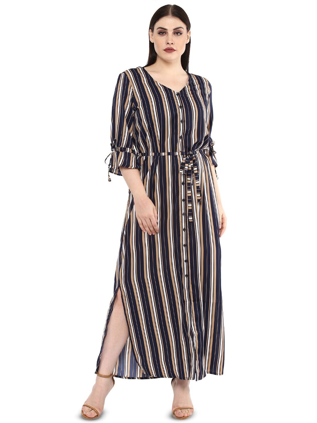 

LastInch Striped V-Neck Maxi Dress With Belt, Navy blue