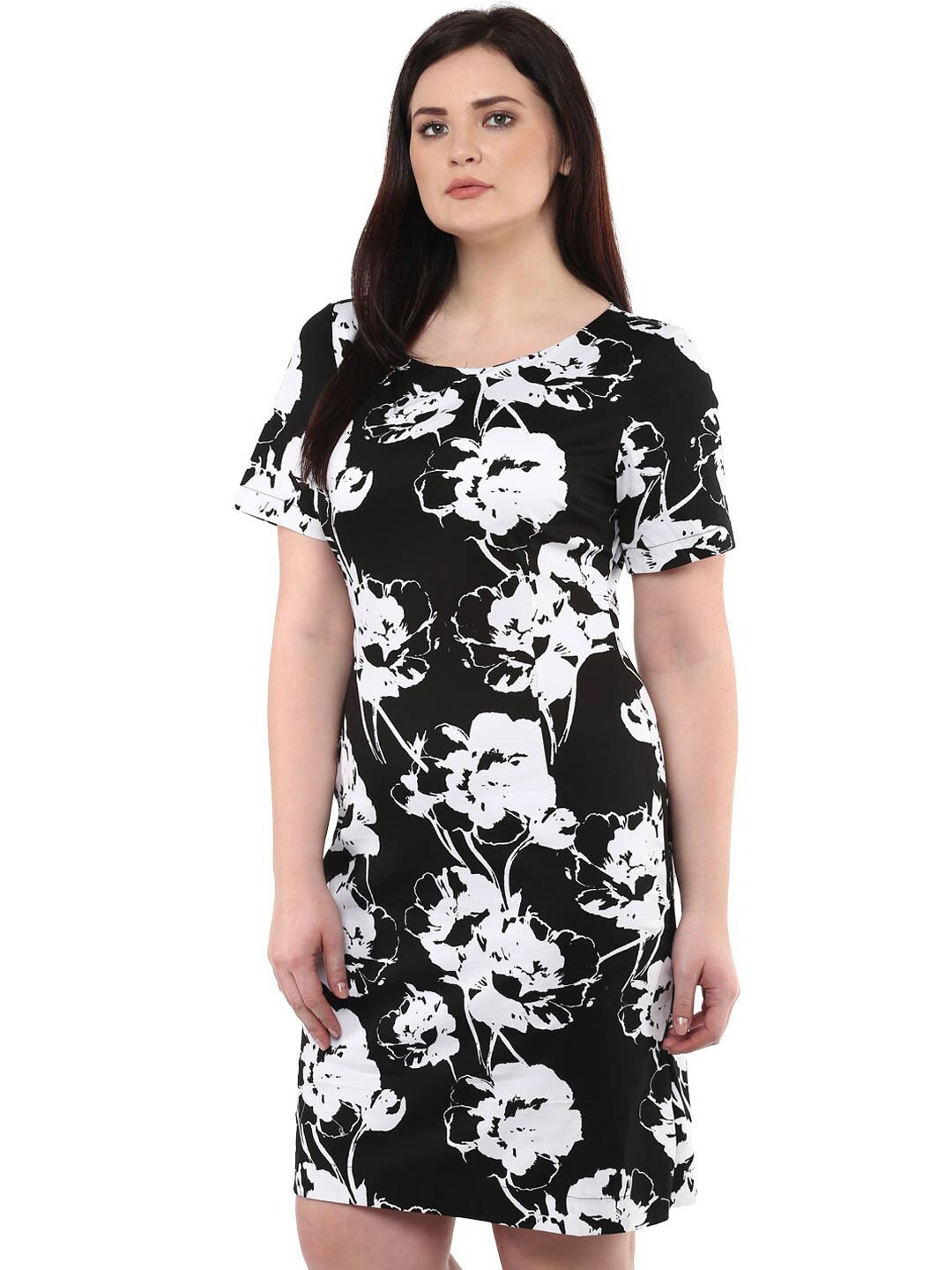 

LastInch Floral Printed Cotton A-Line Dress, Black