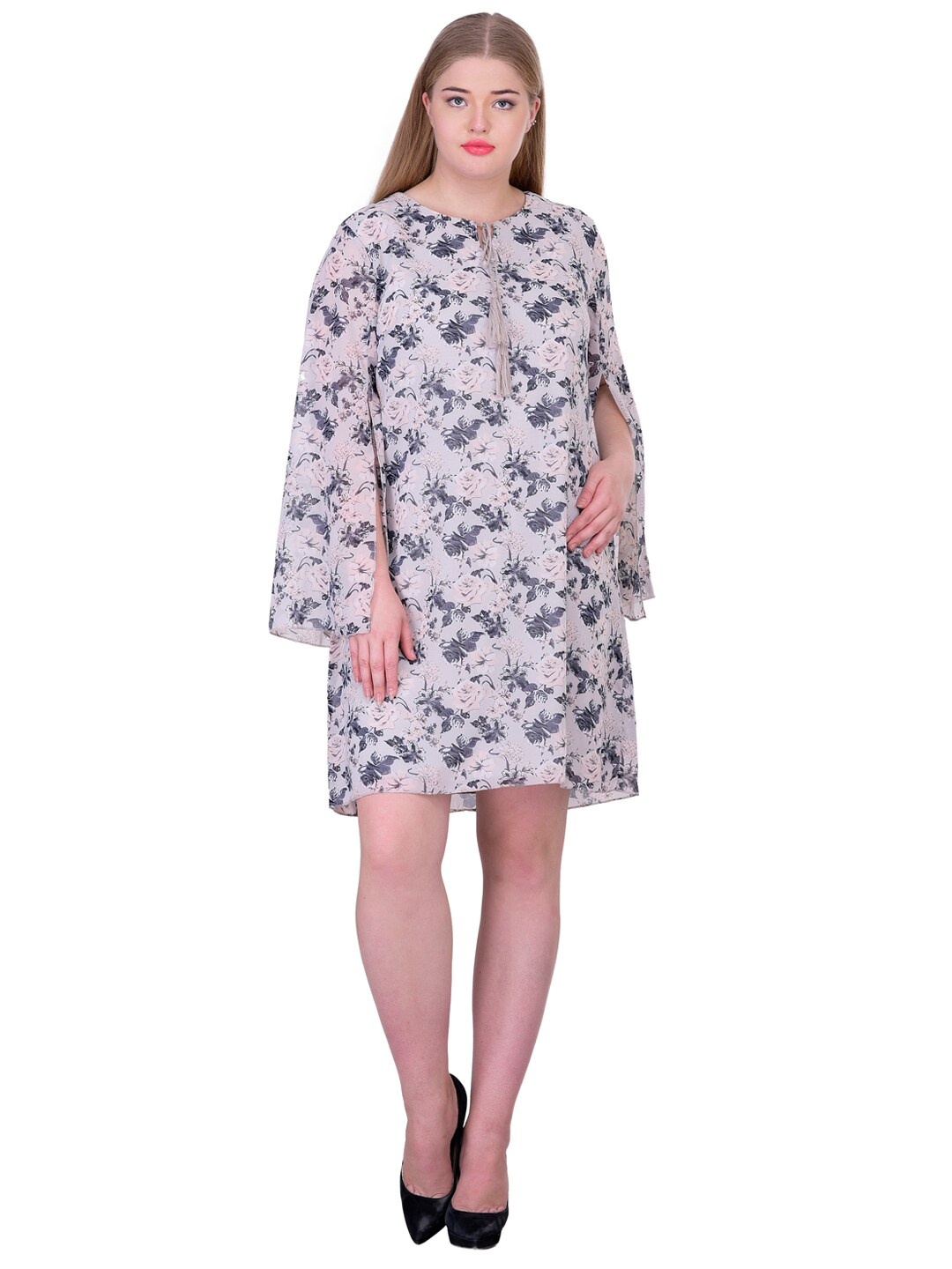 

LastInch Floral Printed Flared Sleeves A-Line Dress, Grey