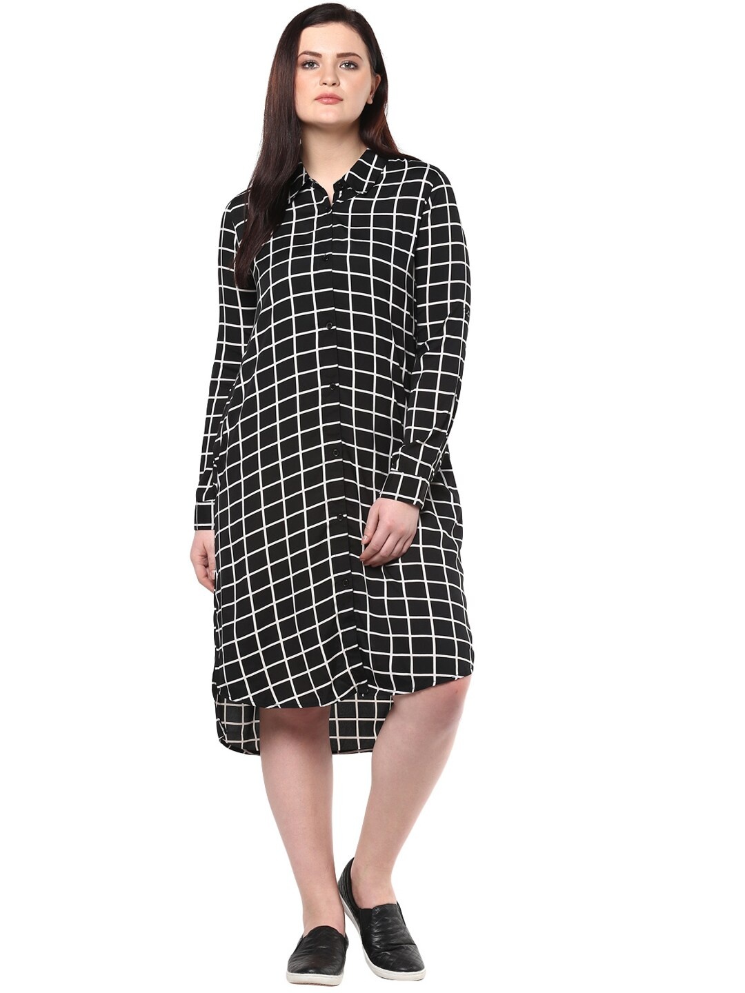 

LastInch Checked Cuffed Sleeves Shirt Dress, Black