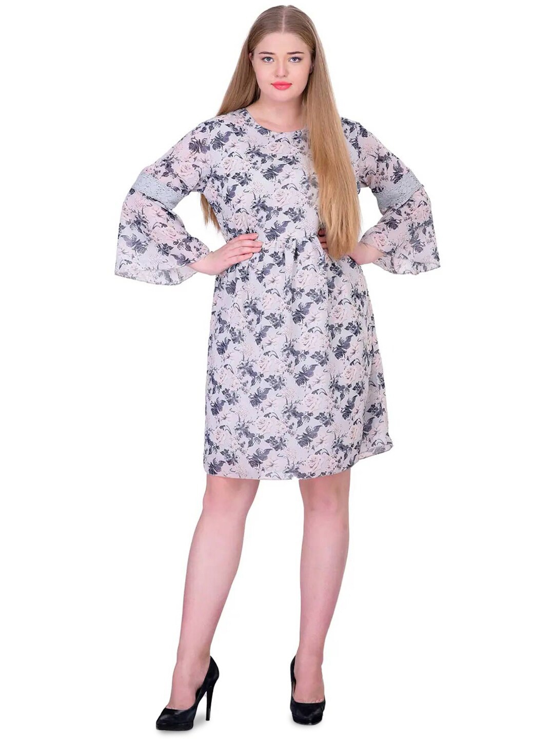 

LastInch Floral Printed Flared Sleeves Georgette A-Line Dress, Grey