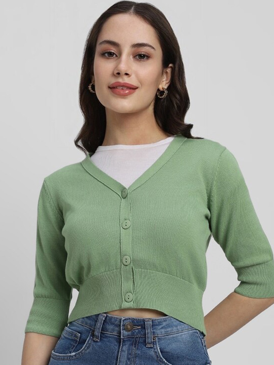 

FOREVER 21 V-Neck Cardigan Crop Sweater, Green
