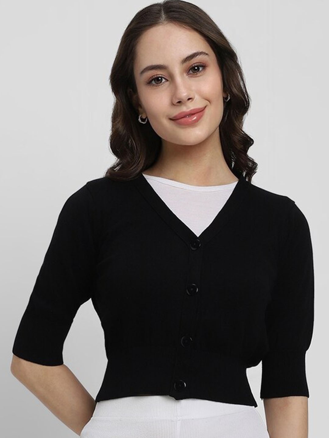 

FOREVER 21 V-Neck Cardigan Crop Cotton Sweater, Black