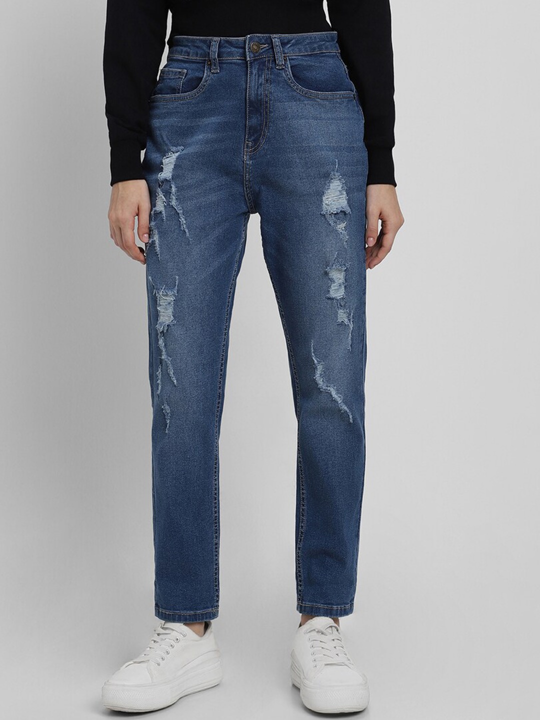 

FOREVER 21 Women Slim Fit Heavy Distressed Light Fade Jeans, Navy blue