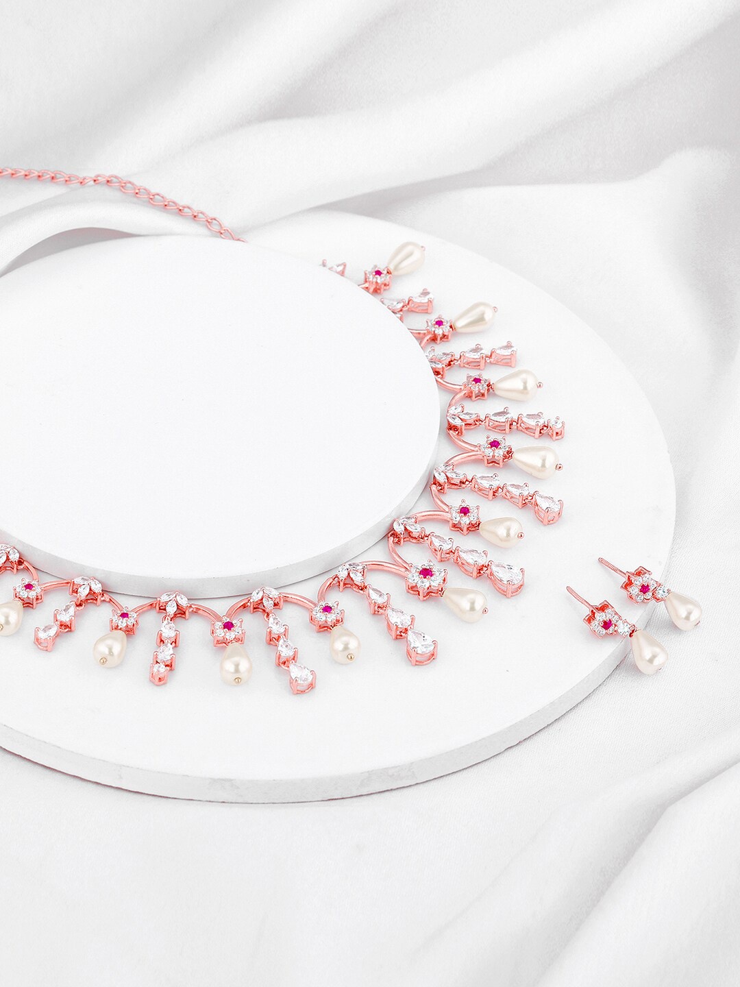 

GIVA 92.5 Sterling Silver Rose Gold-Plated Stones-Studded & Pearl-Beaded Jewellery Set
