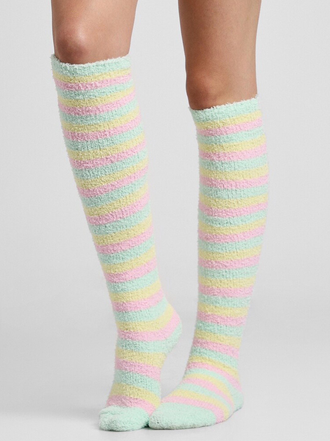 

FOREVER 21 Striped Knee-Length Socks, Green