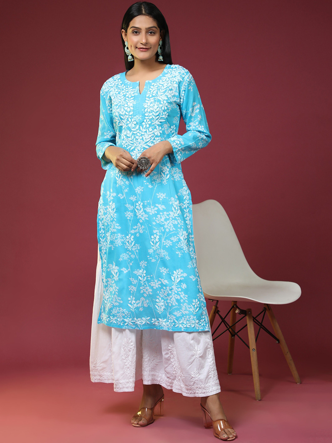

HOUSE OF KARI Floral Embroidered Round Notched Neck Cotton Kurta, Blue