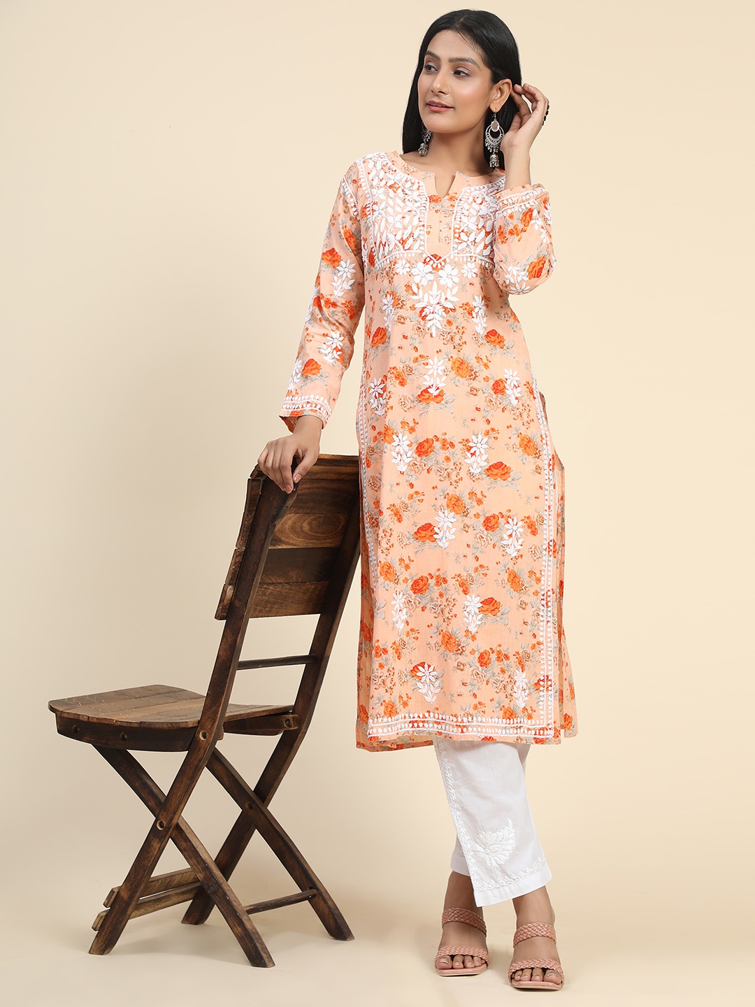 HOUSE OF KARI Floral Printed Thread Work Cotton Straight Kurta, Peach
