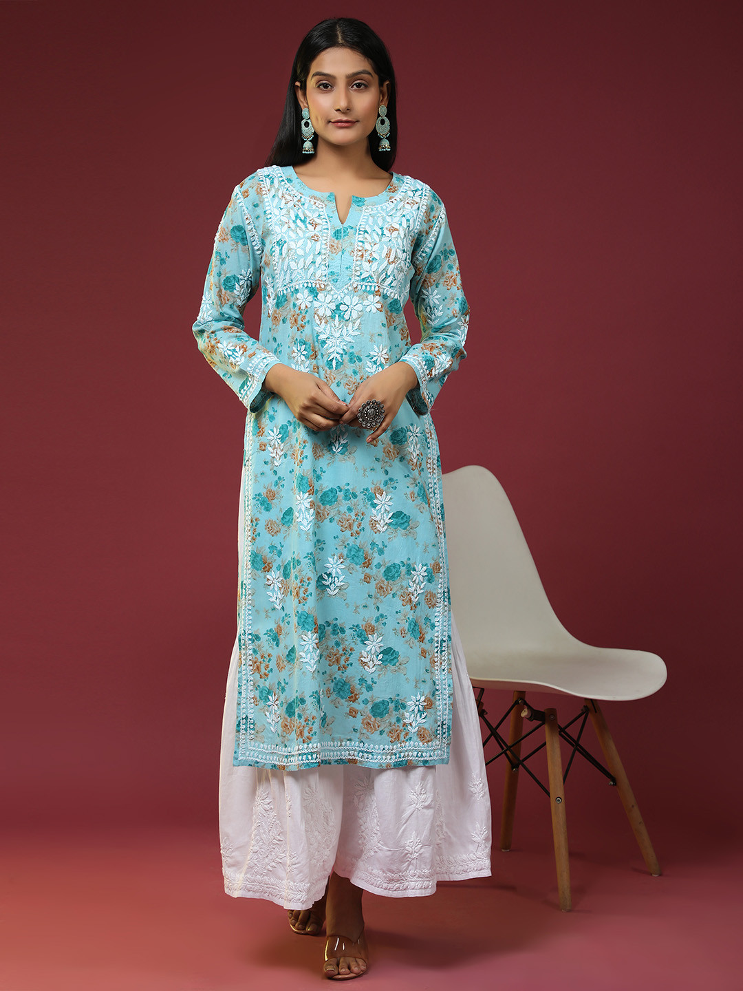 

HOUSE OF KARI Floral Printed Thread Work Cotton Kurta, Blue