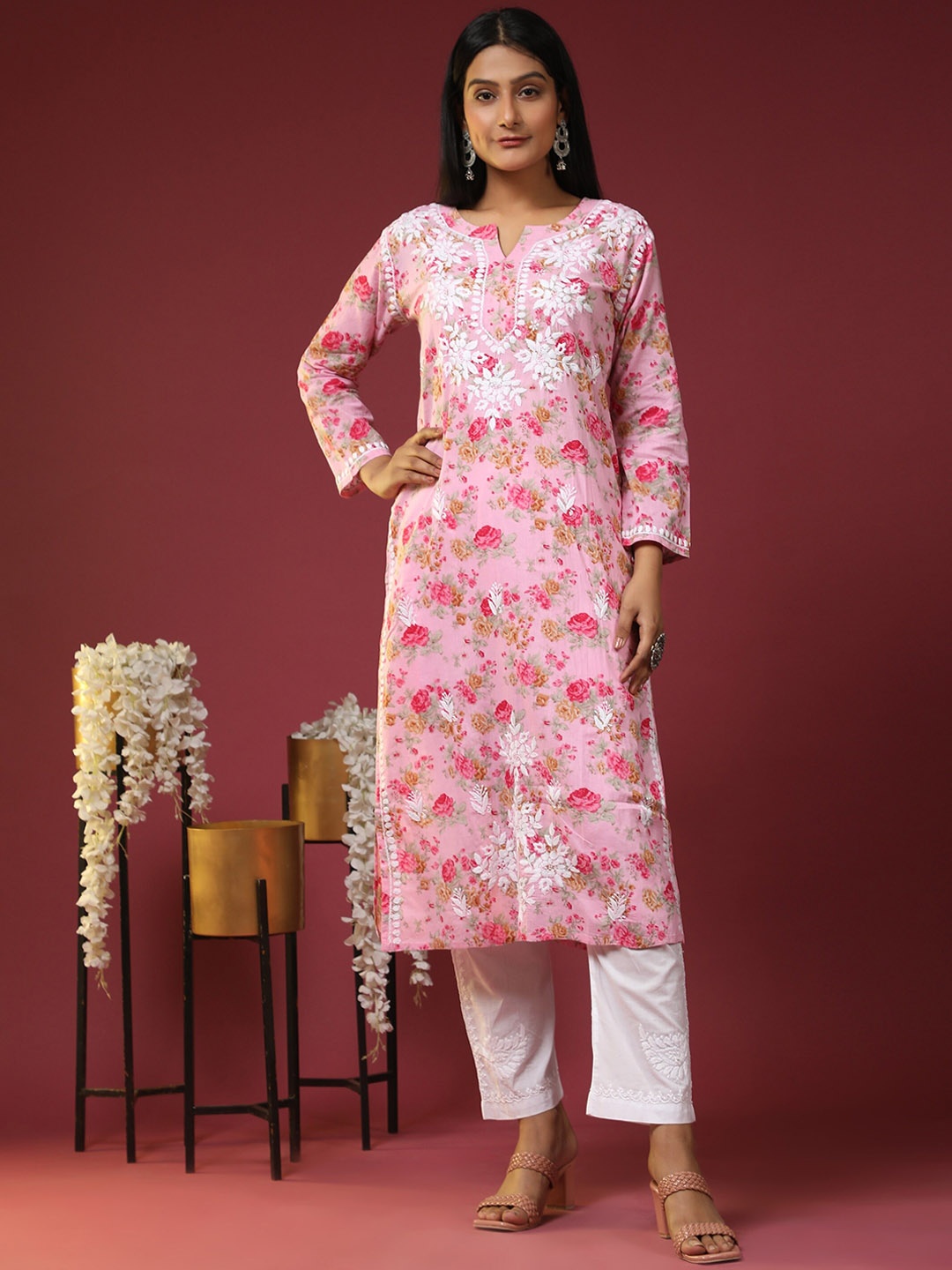 HOUSE OF KARI Floral Printed Thread Work Cotton Kurta, Pink