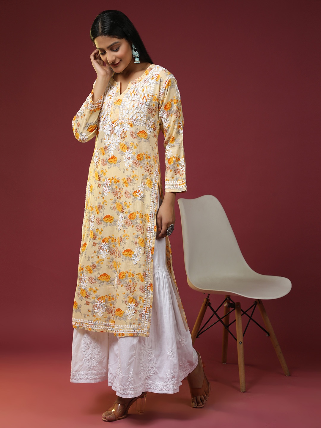 

HOUSE OF KARI Floral Printed Thread Work Cotton Straight Kurta, Yellow