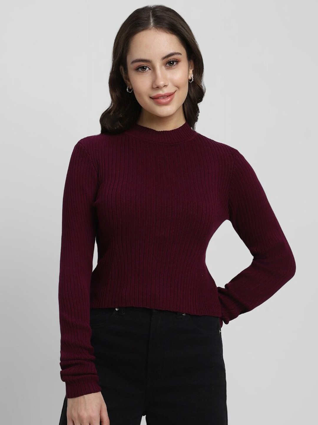

FOREVER 21 Ribbed High Neck Pullover Sweater, Maroon