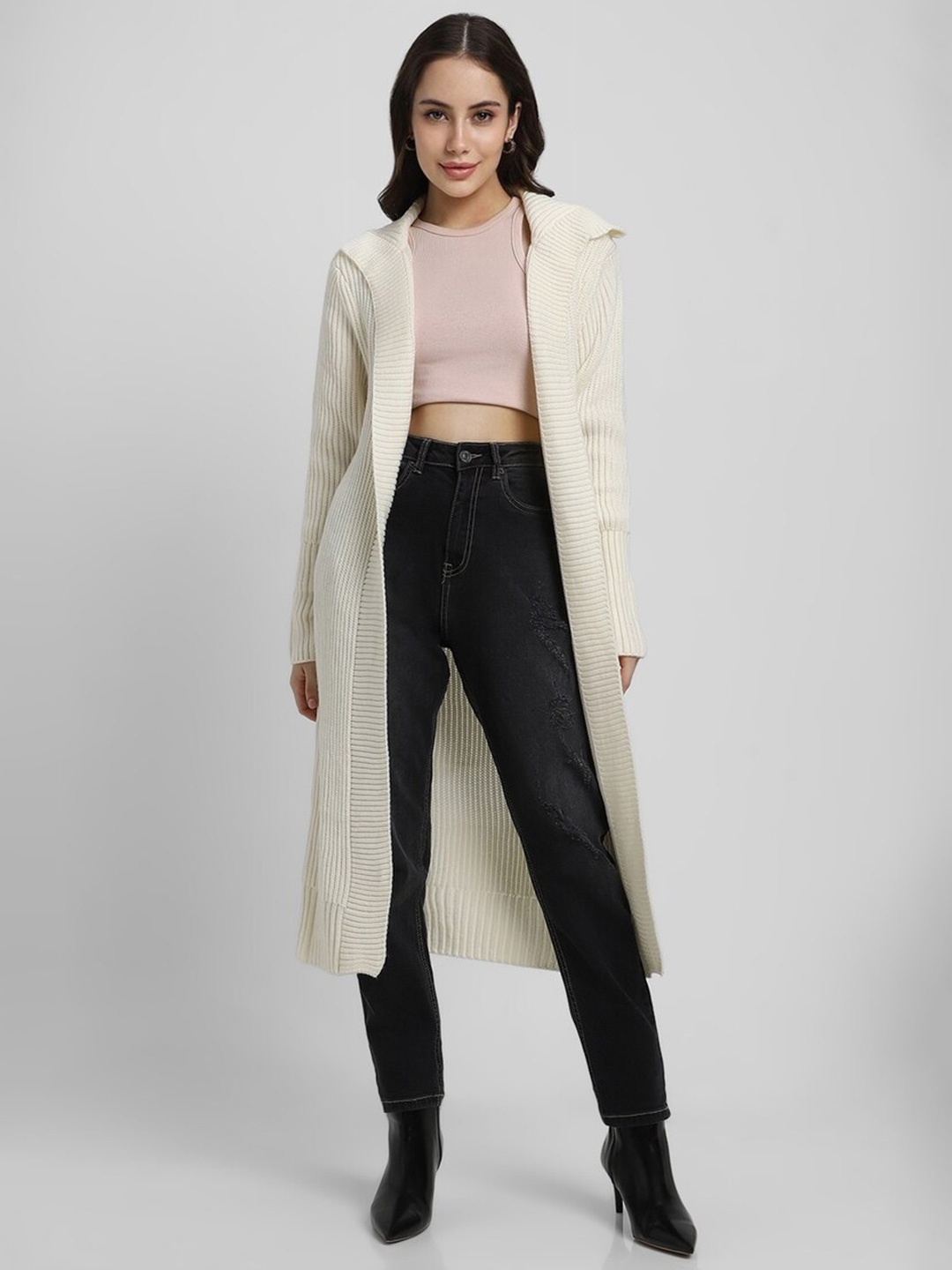 

FOREVER 21 Cable Knit Long Sleeves Pure Acrylic Longline Front-Open Sweater, Cream