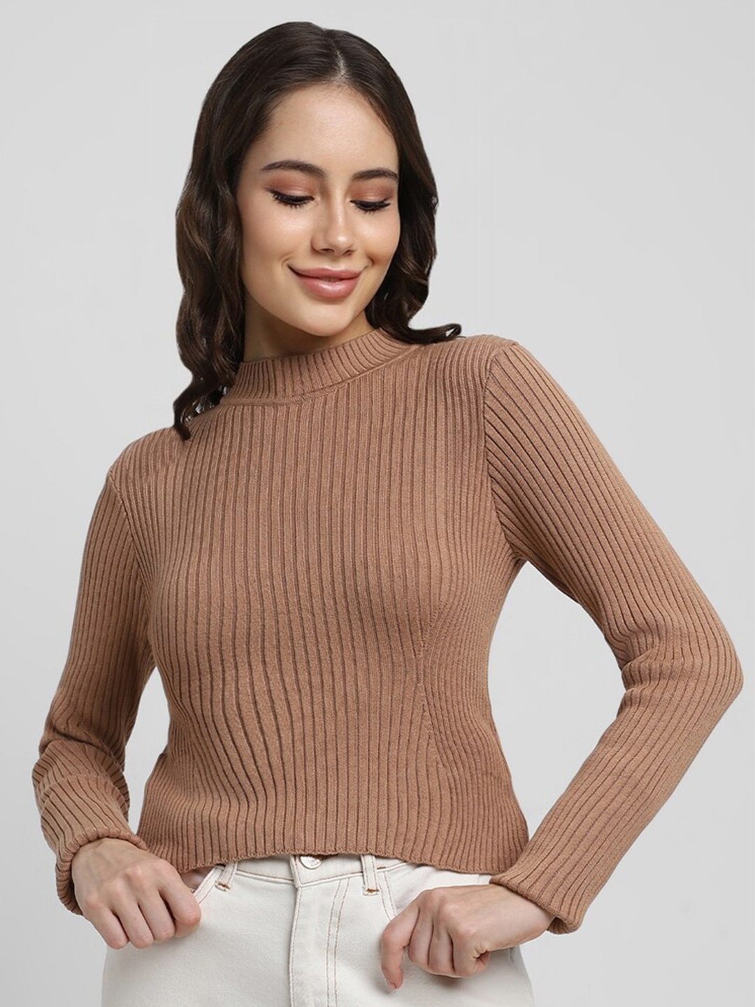 

FOREVER 21 Ribbed Round Neck Pullover, Brown