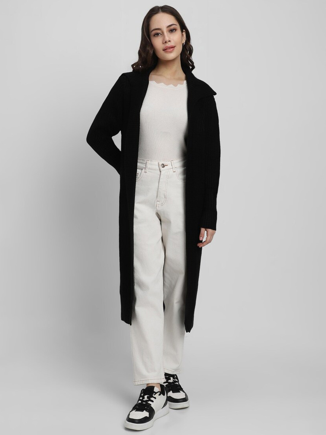 

FOREVER 21 Shawl Collar Pure Acrylic Longline Sweater, Black
