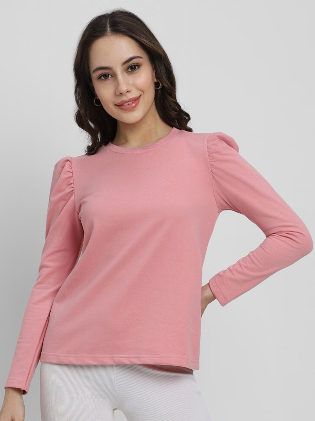 

FOREVER 21 Round Neck Puff Sleeve Regular Top, Pink