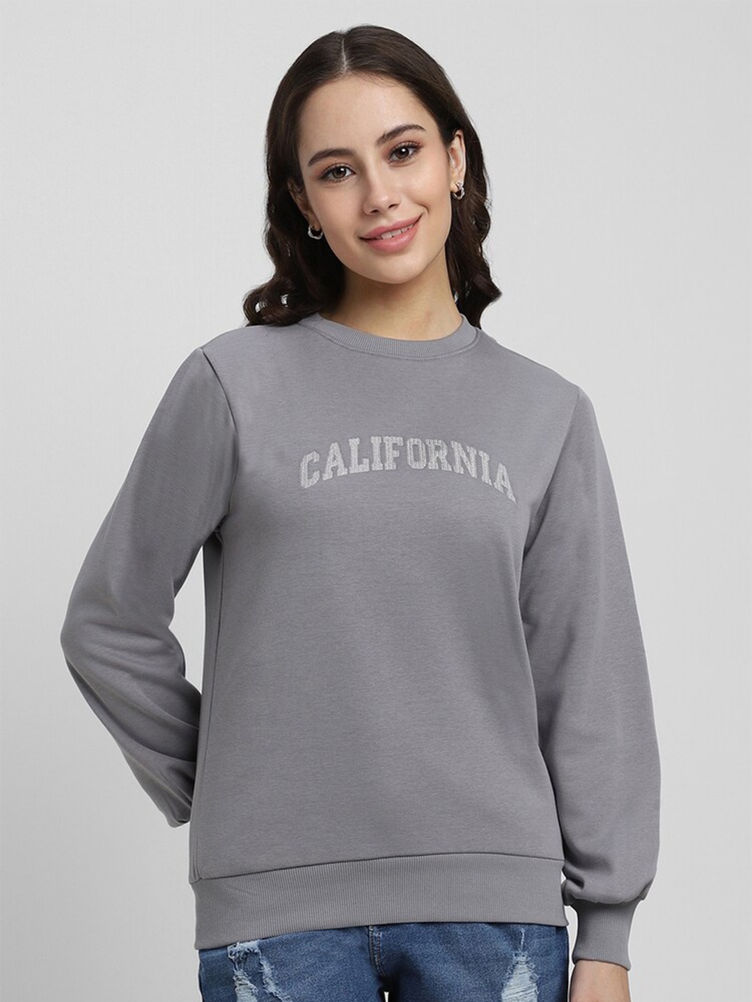 

FOREVER 21 Typography Printed Round Neck Sweatshirt, Grey