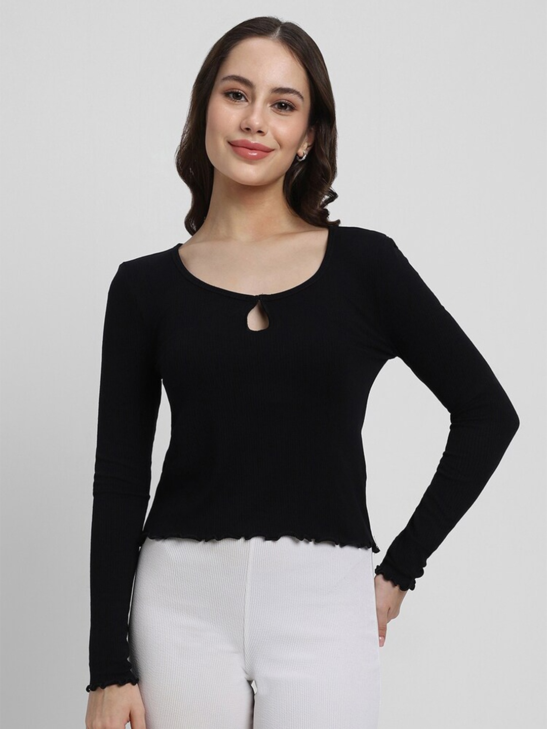 

FOREVER 21 Black Ribbed Keyhole Neck Top