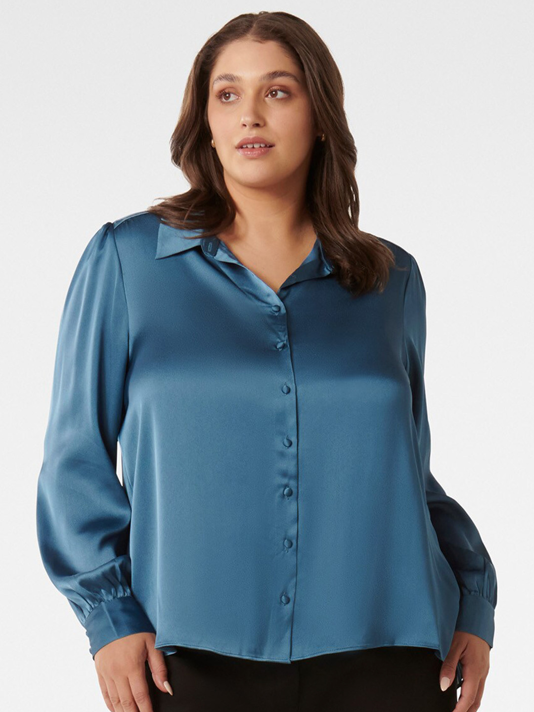 

Forever New Plus Size Spread Collar Long Sleeves Satin Casual Shirt, Navy blue