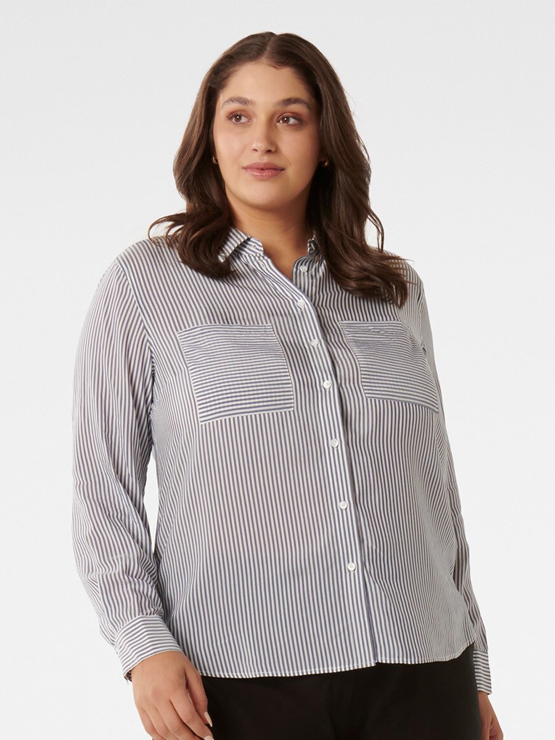 

Forever New Plus Size Striped Spread Collar Long Sleeves Casual Shirt, White