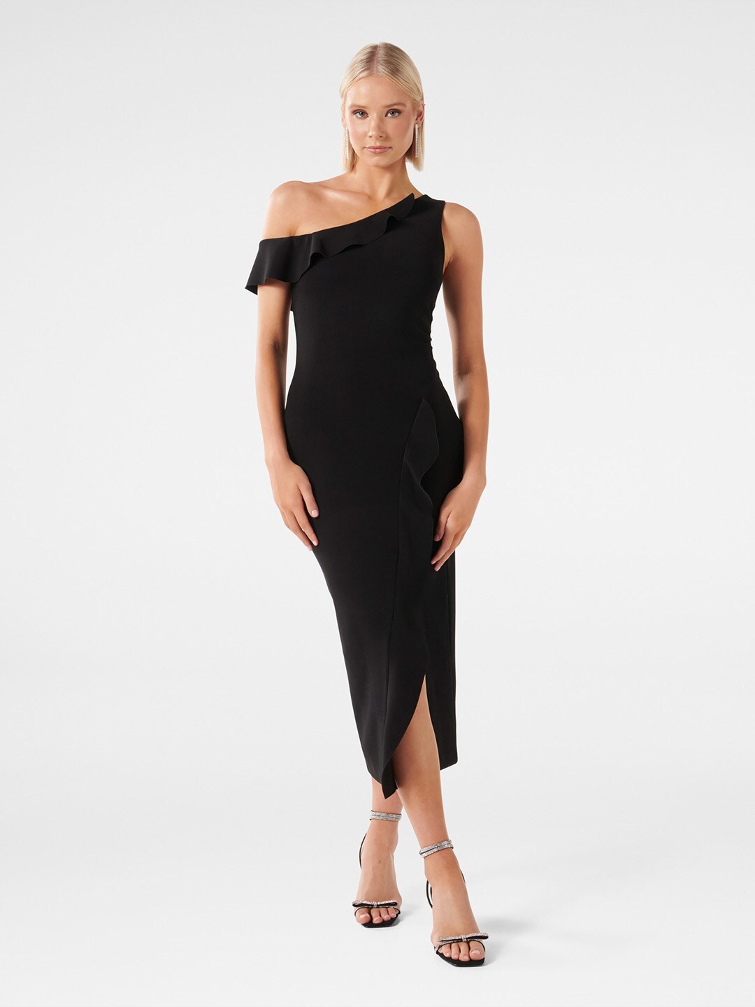 

Forever New One Shoulder Ruffled Bodycon Midi Dress, Black