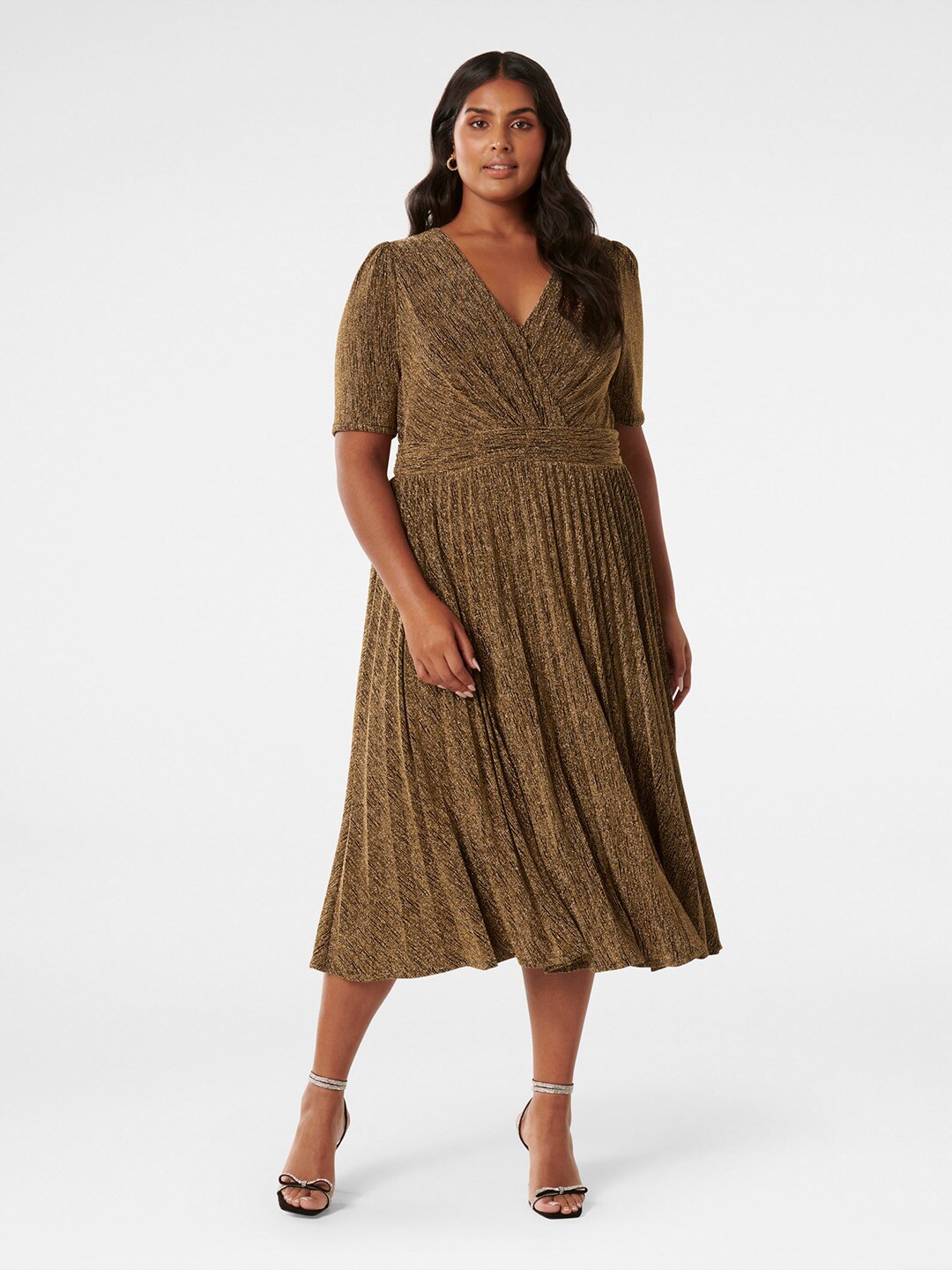 

Forever New Plus Size Self Design V-Neck Fit & Flare Midi Dress, Gold