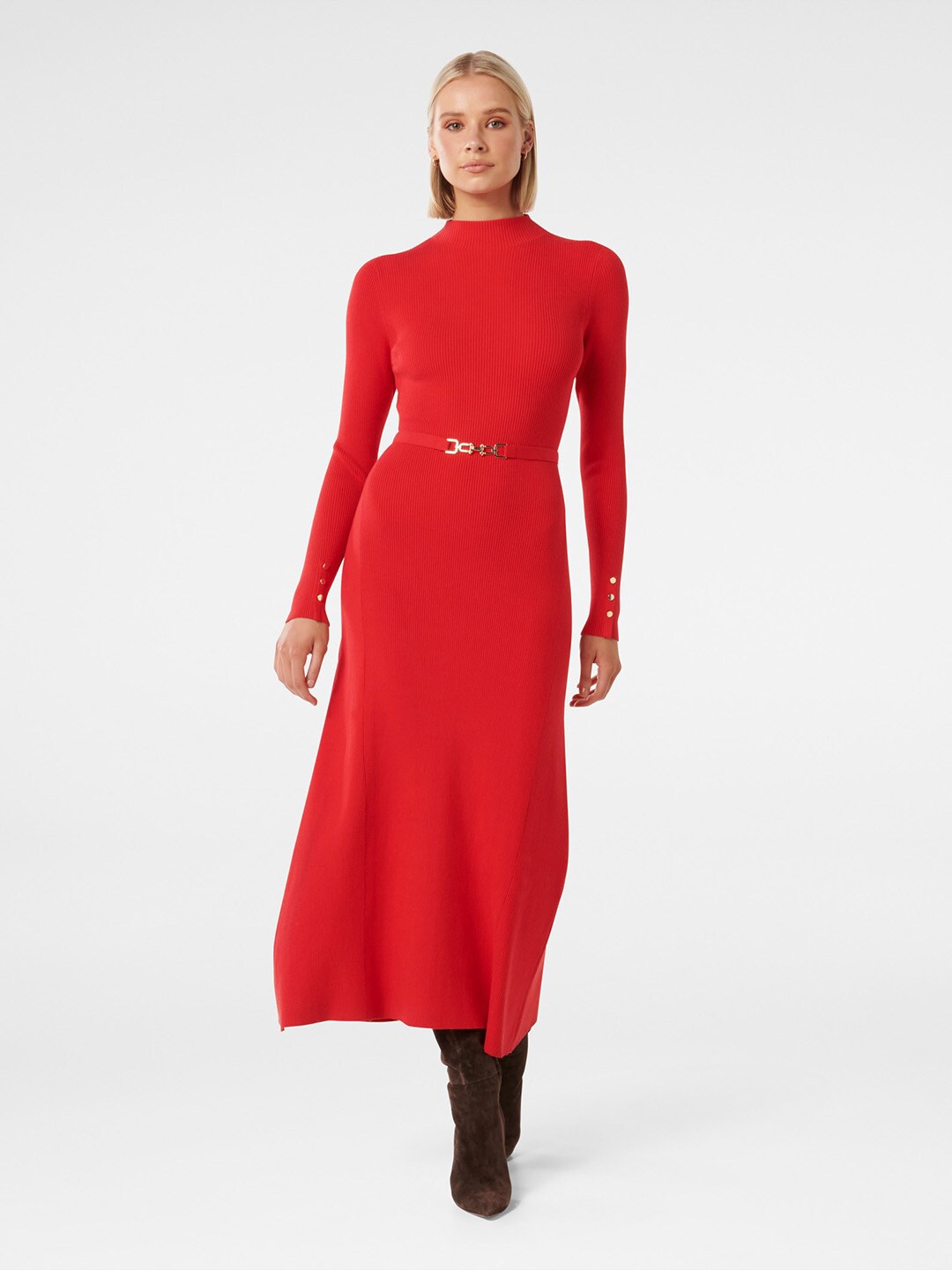 

Forever New High Neck A-Line Midi Dress With Belt, Red