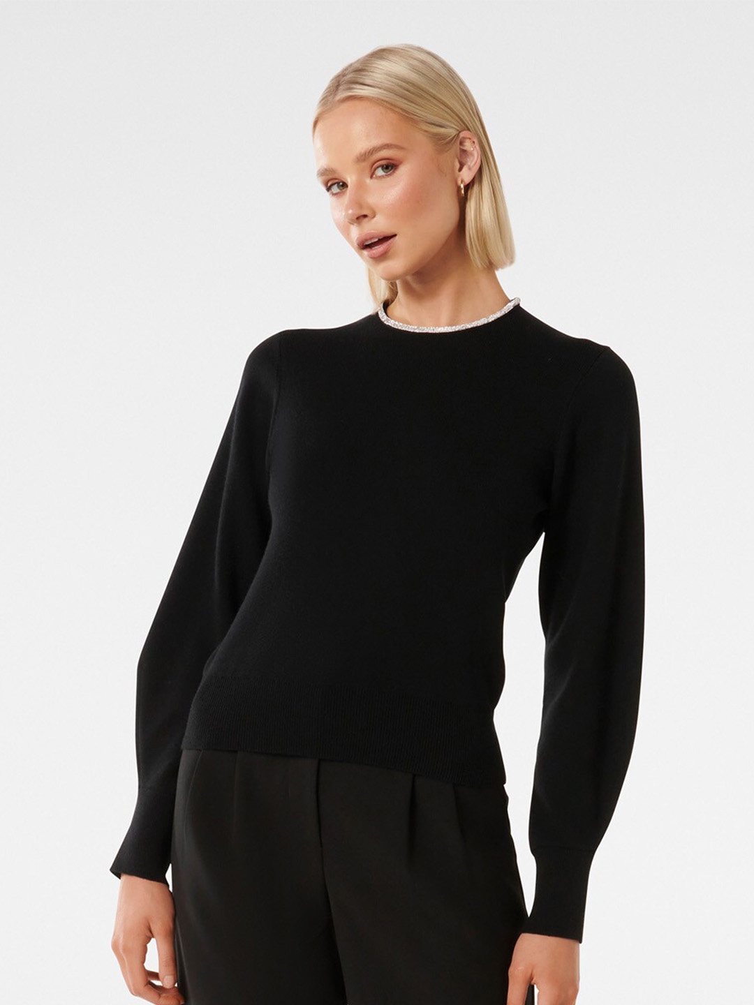 

Forever New Ribbed Round Neck Long Sleeves Cotton Pullover, Black