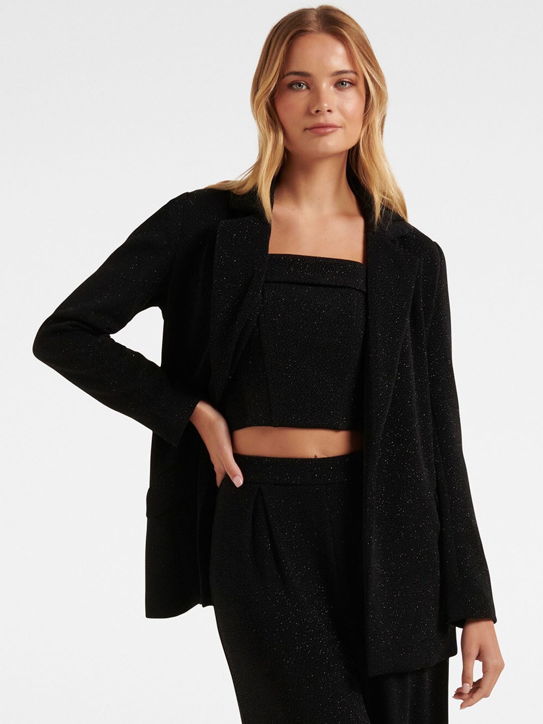 

Forever New Open Front Belted Glitter Blazer, Black