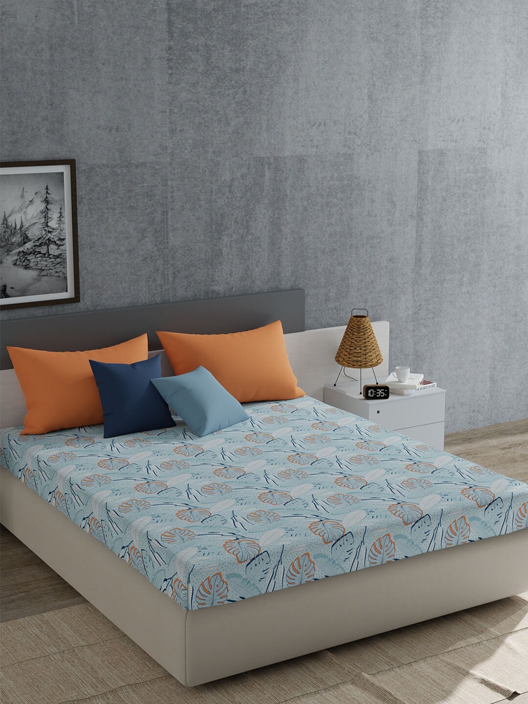 

MYTRIDENT Everyday Coral & Blue Pure Cotton Floral 120 TC Queen Bedsheet & 2 Pillow Covers