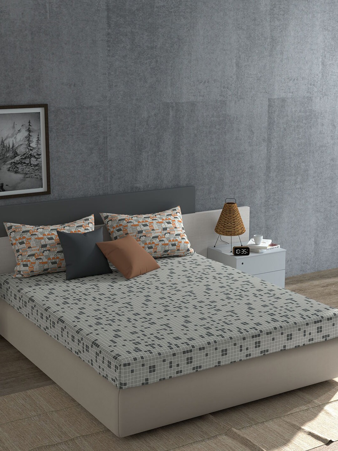 

MYTRIDENT Everyday Charcoal & White Pure Cotton 120 TC Queen Bedsheet with 2 Pillow Covers