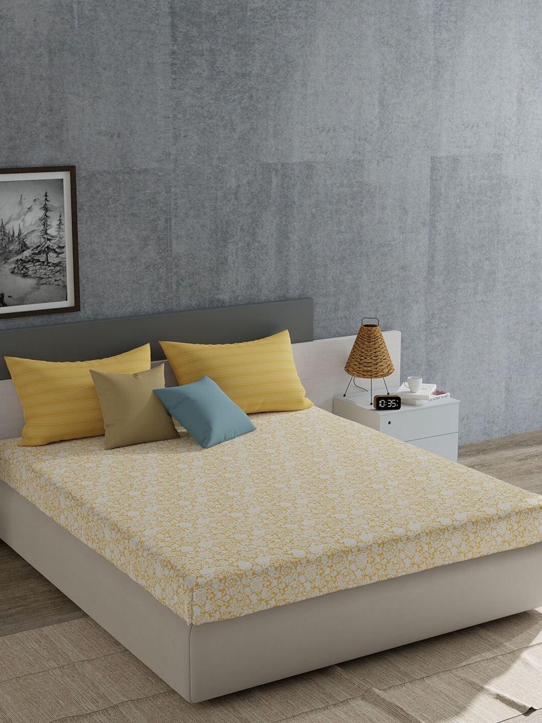 

MYTRIDENT Everyday Mustard Floral Pure Cotton 120 TC Queen Bedsheet with 2 Pillow Covers