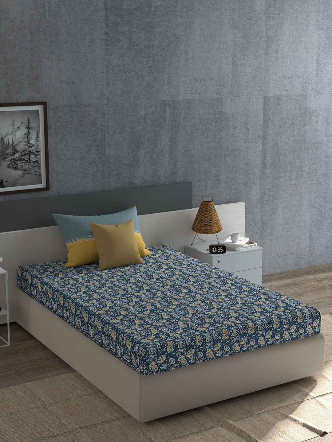 

MYTRIDENT Everyday Blue & Yellow Floral Cotton 120 TC Single Bedsheet With 1 Pillow Cover