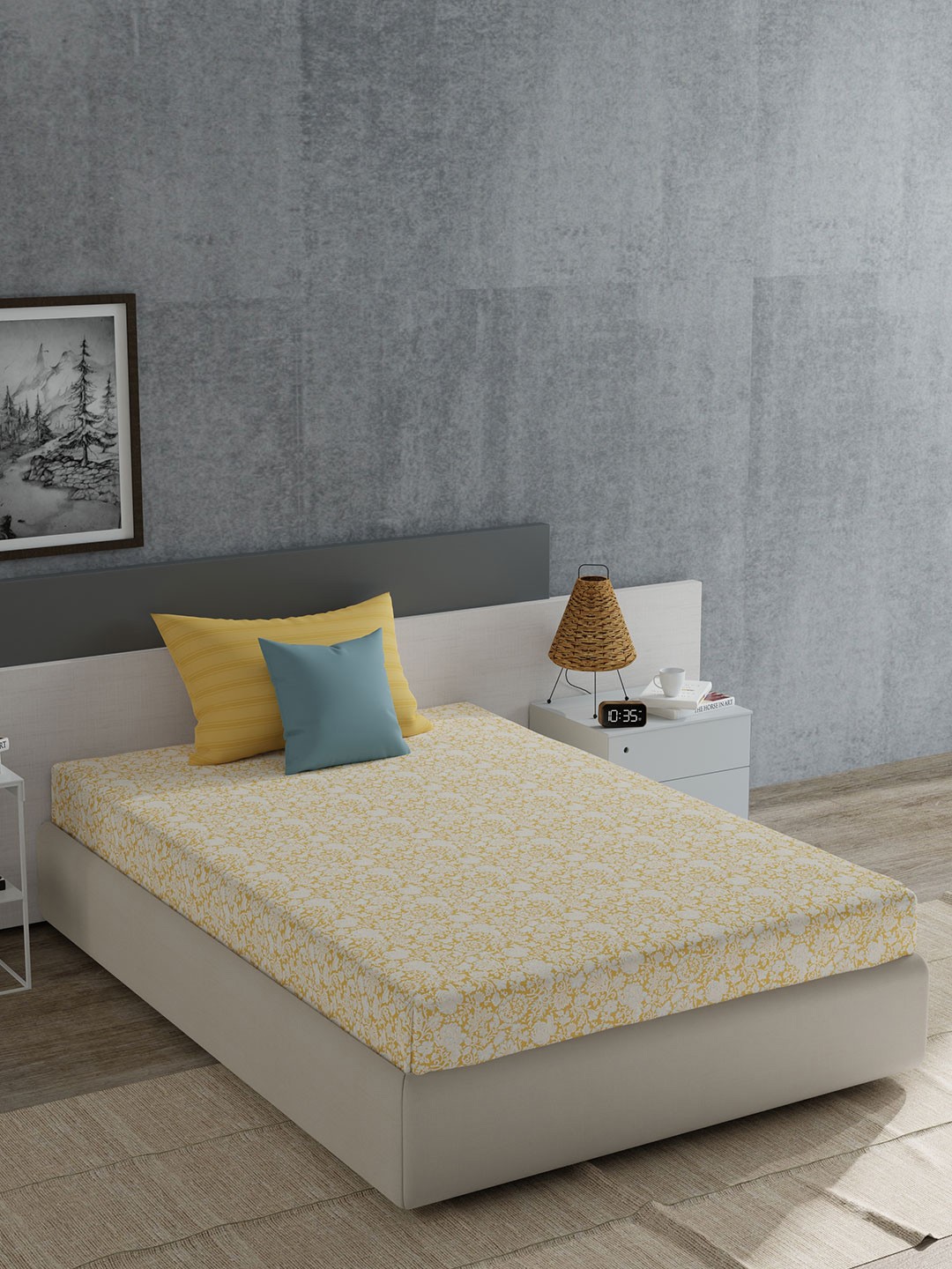 

MYTRIDENT Everyday Mustard Floral Cotton 120 TC Single Bedsheet With 1 Pillow Cover