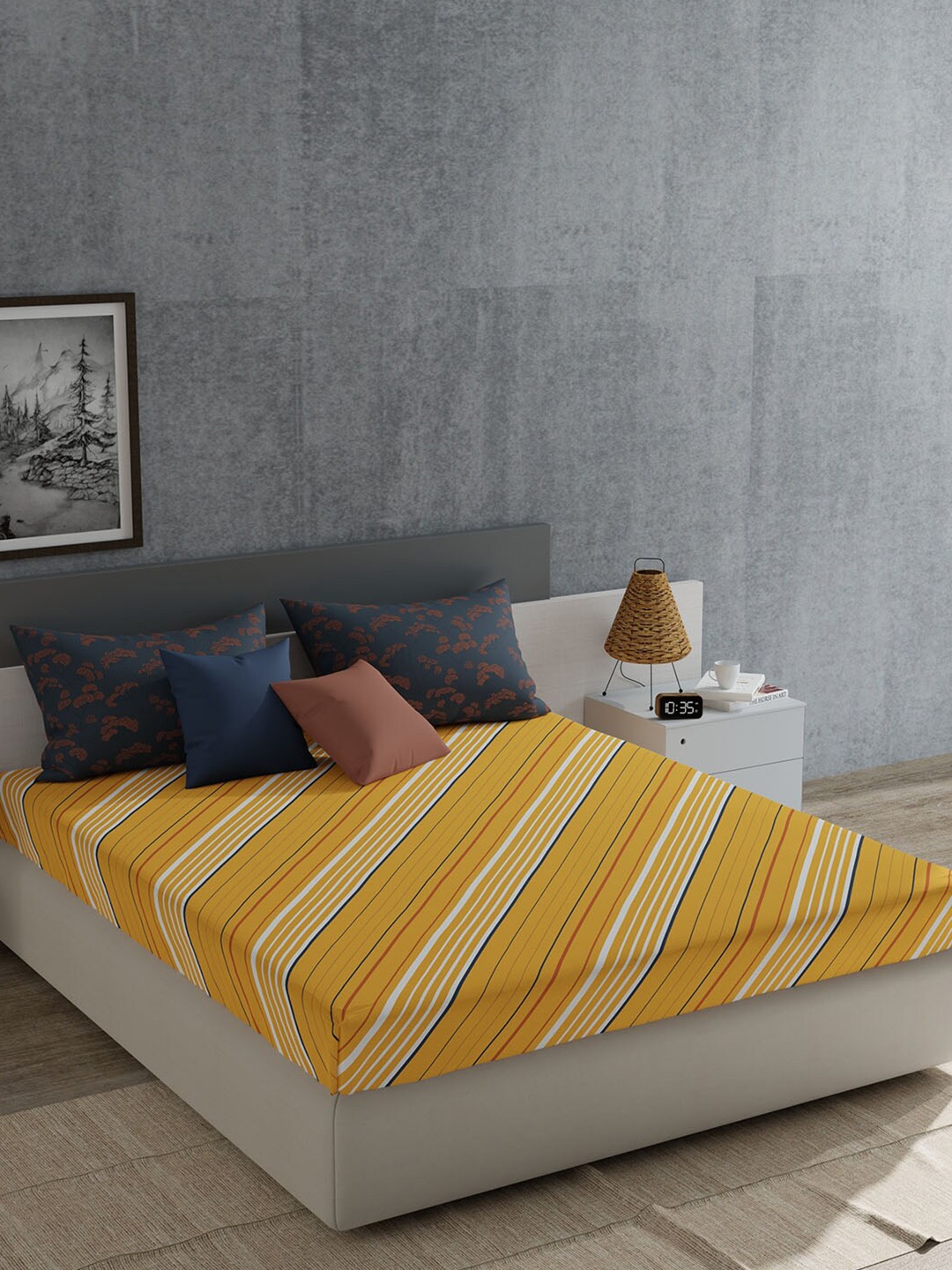 

MYTRIDENT Everyday Yellow Striped Pure Cotton 120 TC Queen Bedsheet With 2 Pillow Covers