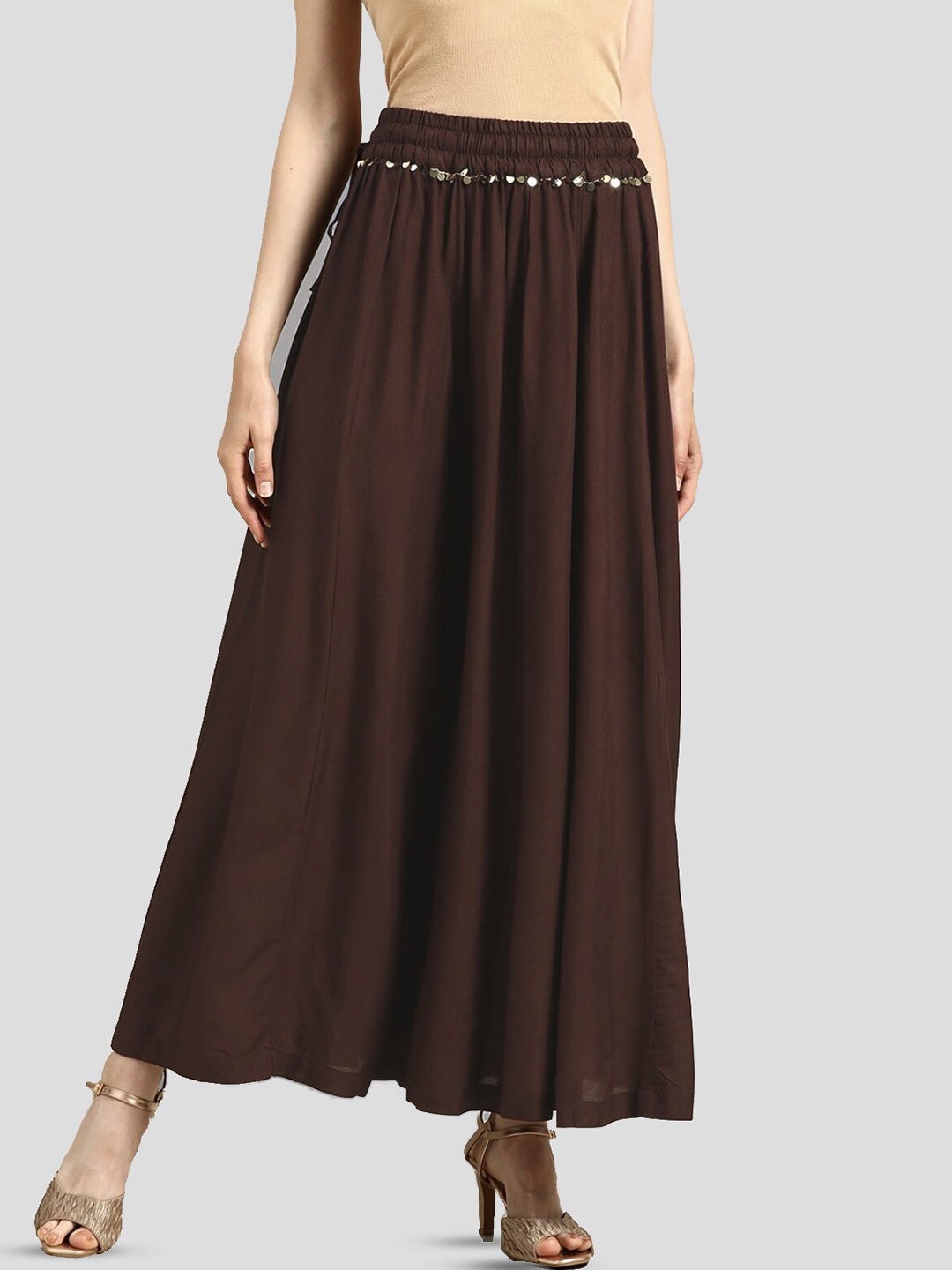 

BCZ Style Elasticated Flared Ethnic Palazzos, Brown
