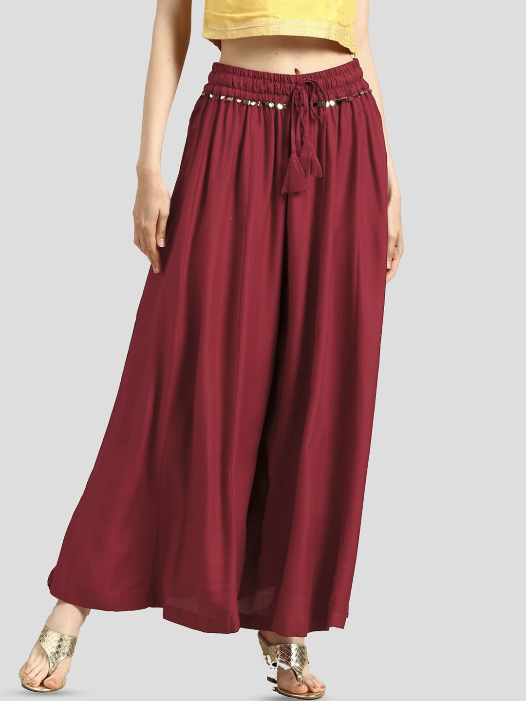 

BCZ Style Elasticated Flared Ethnic Palazzos, Maroon