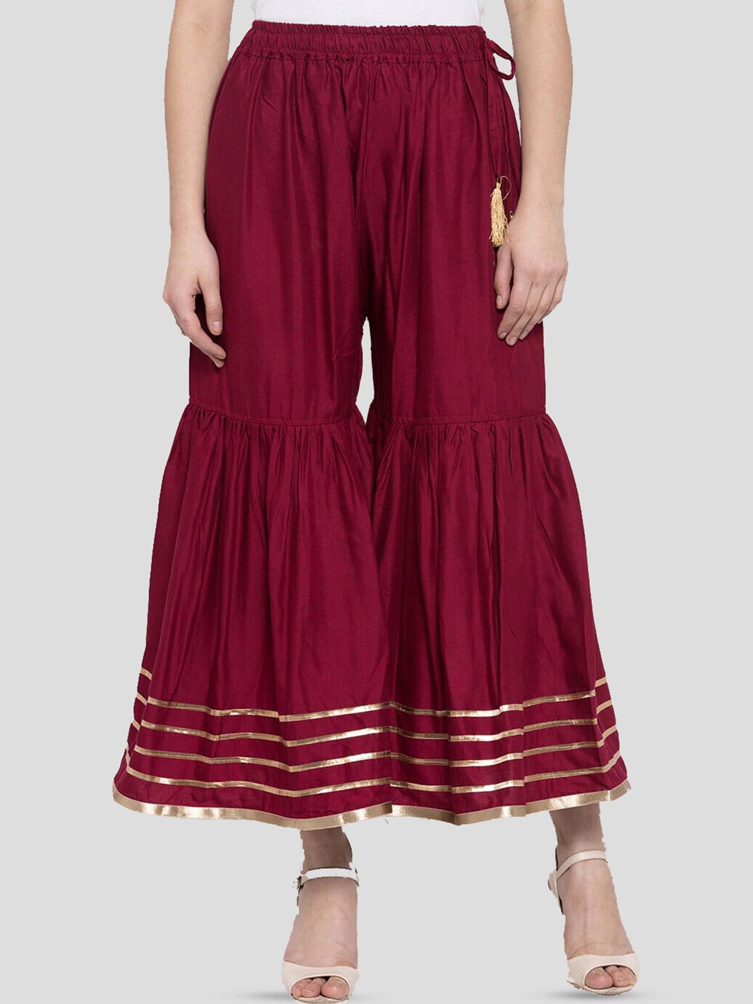 

BCZ Style Elasticated Flared Ethnic Palazzos, Maroon