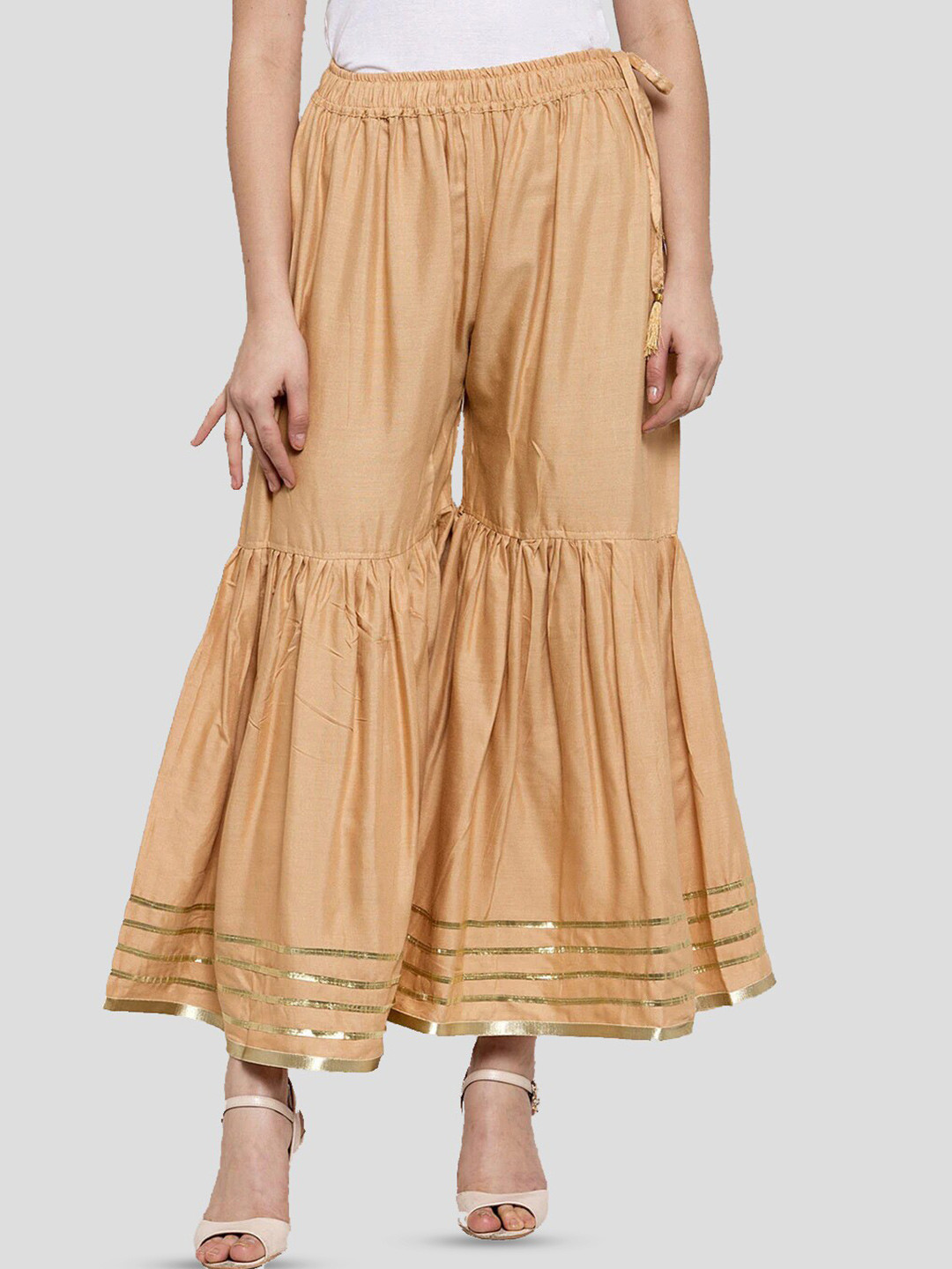 

BCZ Style Elasticated Flared Ethnic Palazzos, Beige