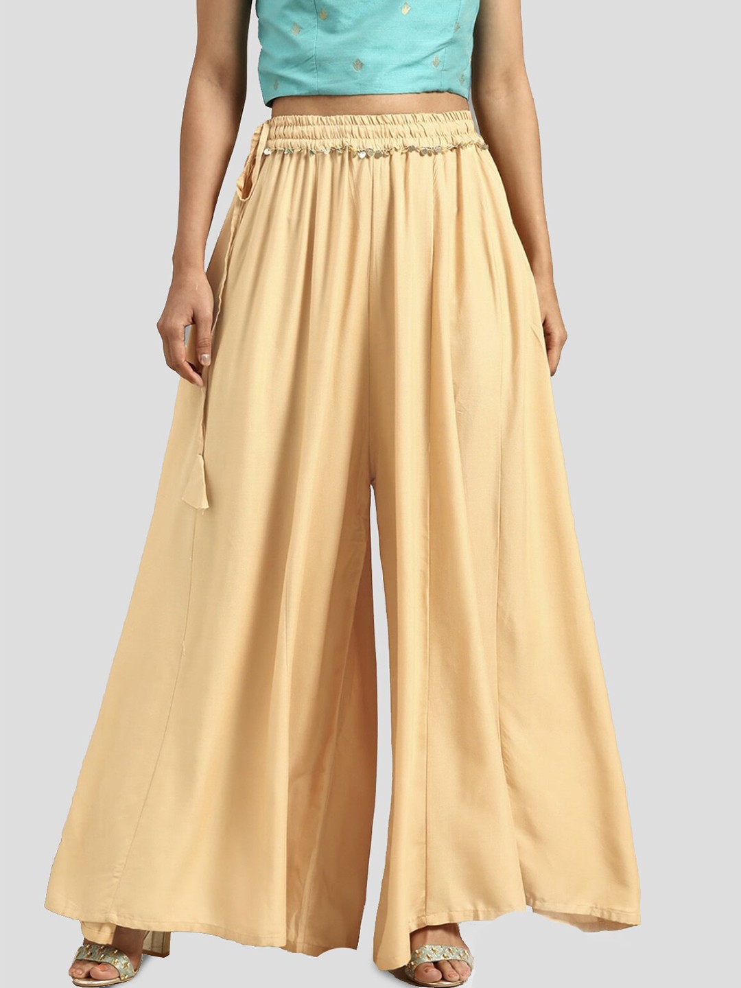 

BCZ Style Elasticated Flared Ethnic Palazzos, Beige