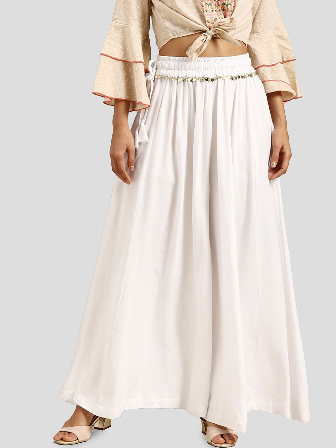

BCZ Style Flared Fit embellished Detail Palazzos, White